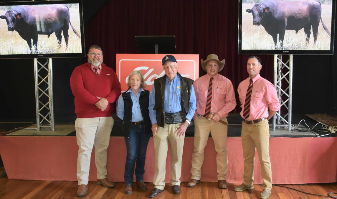 Elders Wagyu Specialist James Matts with stud principals Pam and Arthur Dew, Longford Wagyu alongside Lincoln Mckinlay and Shane Rule, Elders