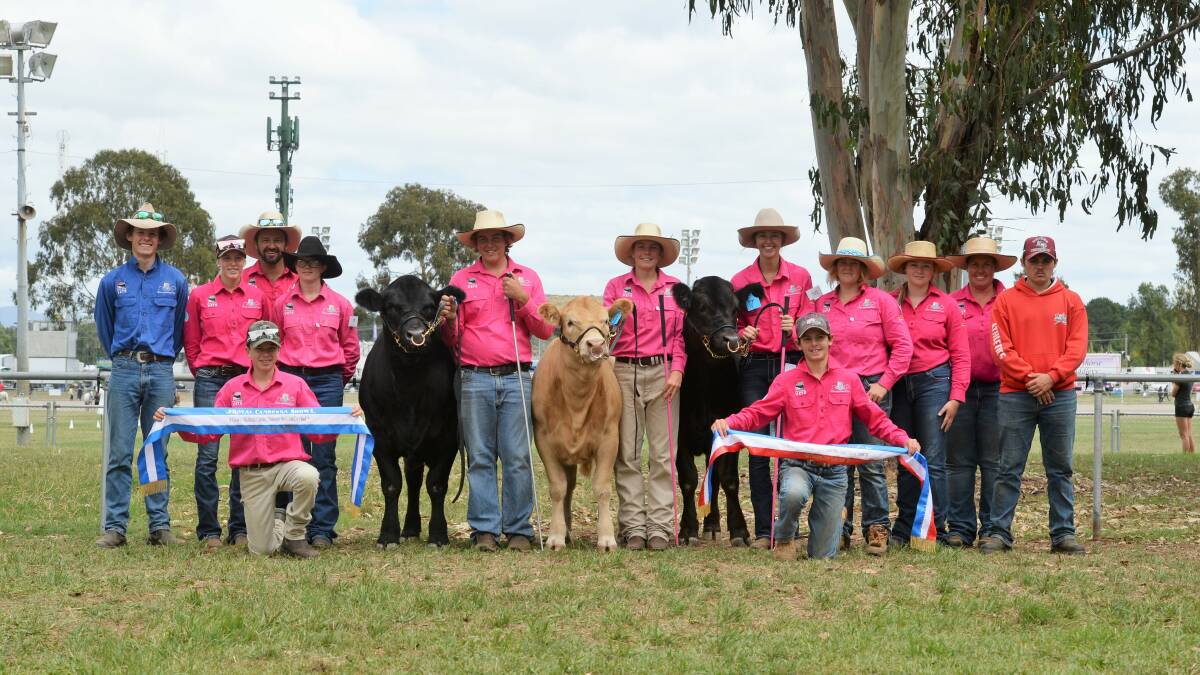 The Coonamble High School team with their three champion led animals, including middleweight carcase class winner Curlew, the cream heifer in the middle. 