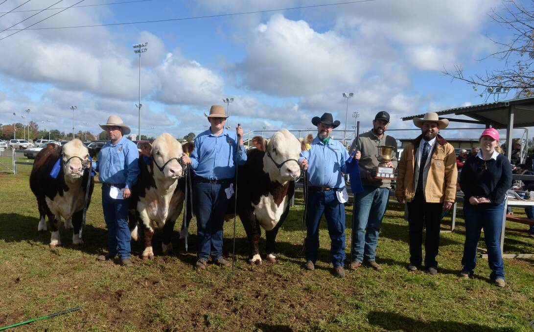 Presidents Shield winners: Patrick Halloran, Will Van Gend, Jono Tink, Lee White, all of Llandillo Poll Herefords, The Lagoon, with judge, Tom Nixon, Devon Court Herefords, Drillham, Qld, and Charlotte Davies, The Land, Dubbo.