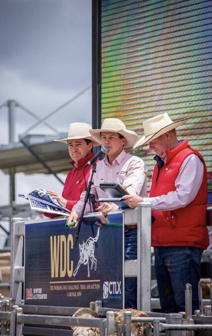 Harry Phillips (center) auctioneering with Bowyer and Livermore agents Nick Fogarty and Justin Guy at The Working Dog Challenge Trial & Sale last year where one dog was sold for $24,000. Photo: Supplied