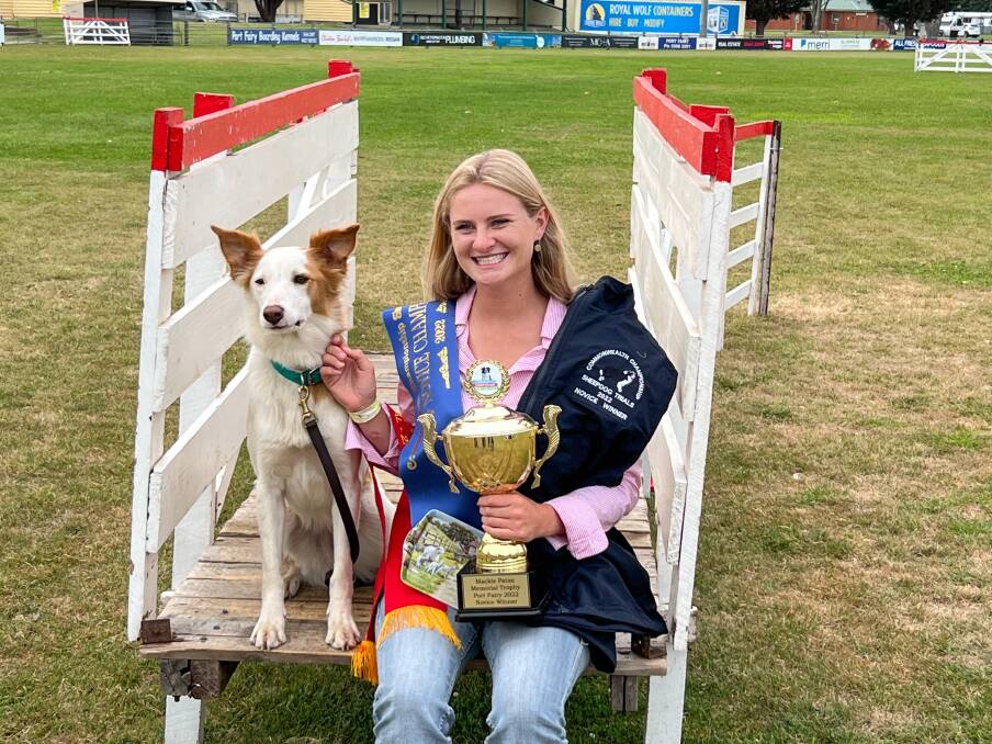 Emily Kissick with her dog Vaimari Dixie, sharing their awards at the Commonwealth Championship Sheepdog Trials. Photo: Supplied