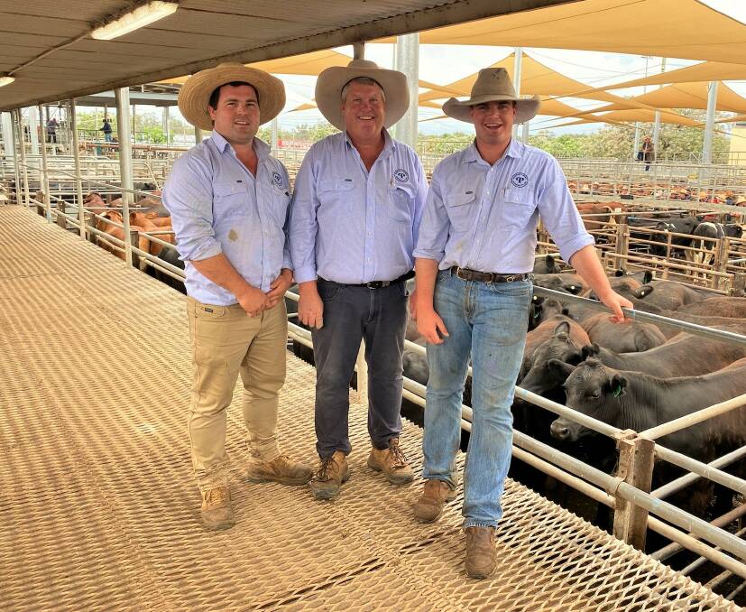 Samuel Plevey with Patrick and Michael Purtle, Purtle Plevey Agencies, Manilla, attending their first Dubbo sale as selling agents. The new location will serve to expand their reach. Photo: Supplied