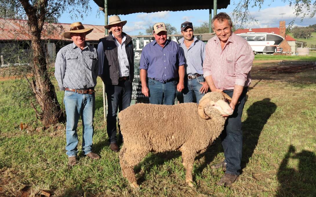 Auctioneer Angus Stuart, Jeff Rice, Mark Doherty, Damian Doherty, and Tony Inder, with the top priced ram. 