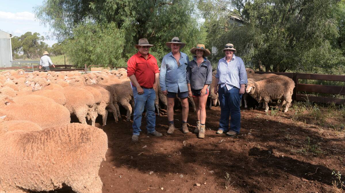 The competition-winning flock with Paul and Emma Northey, Millview, Tullibigeal, and Belswick Merino stud's Brendon O'Dwyer (left) and Amie L'Estrange, Condobolin. Pictures by Kate Loudon.
