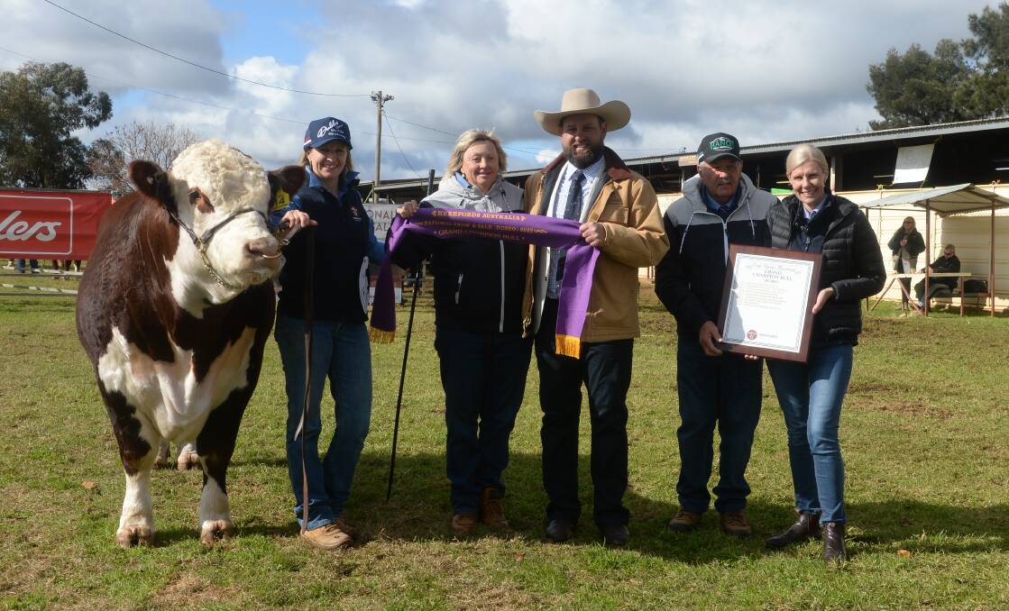 Grand champion bull: Vendors Emma, Del, and Greg, Rees, The Ranch Poll Herefords, Tomingley, judge Tom Nixon (center), Devon Court Herefords, Drillham, Qld, and Lisa Sharp, Herefords Australia.