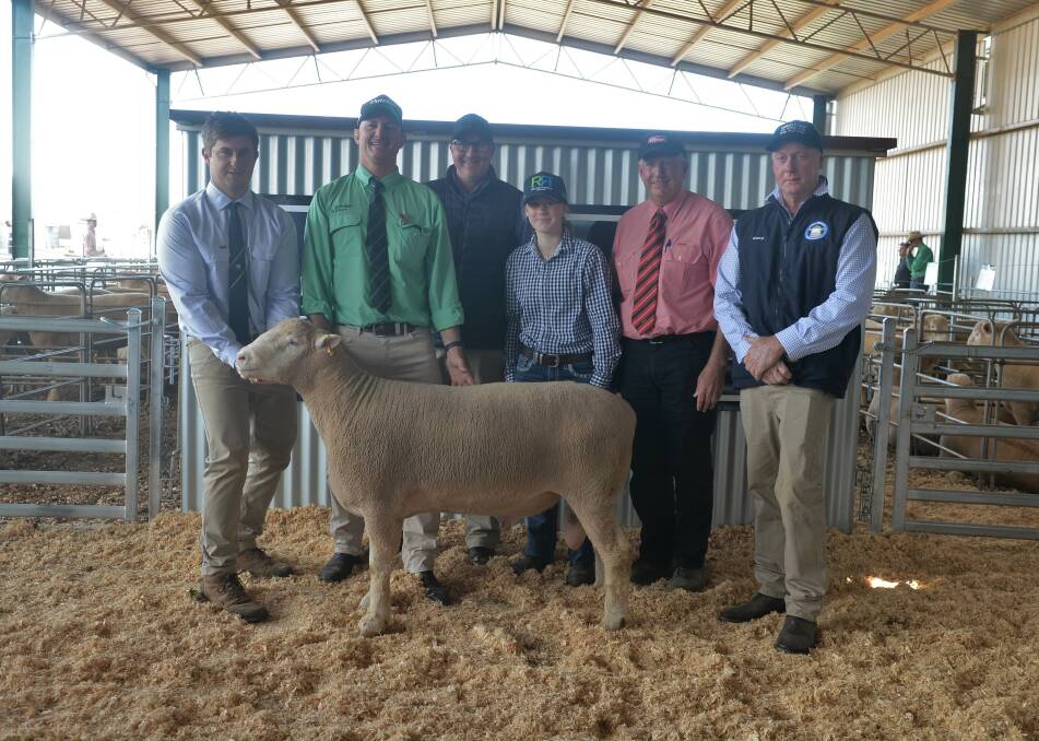 Sam and Garry (right) Armstrong, Armdale Park Poll Dorset Stud, Marrar, James Croaker, Nutrien Ag Solutions, Wagga Wagga, Karl and Harriett Sinclair, Boree Park Poll Dorset Stud, Lidster, and Steve Ridley, Elders, with the $29,000 top priced ram. 