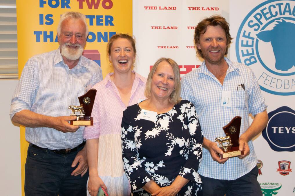 Andrew, Kate, Anne and Tom Hicks, Hicks Beef, Holbrook, with their trophies for champion feedlot performance pen and third overall. Photo: Kate Loudon