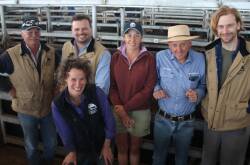 Representatives of Steel Family Ag Maddy Jack and Andy Steel, Alyssa Calaby and Kurt Jungling with Gerard Bohan. Charles Stewart & Co, Colac. Steel Family Ag sold 23 Angus steers, 376kg for 340c/kg or $1277. Picture by Philippe Perez