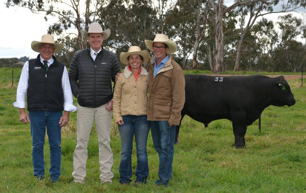 Nutrien Ag Solutions Boultons Walcha, Miles Archdale, the auctioneer Paul Dooley Tamworth and Erica and Stuart Halliday, Ben Nevis Angus, Walcha with Ben Nevis Storm Trooper S272 bought by Sinclair Munro, Booroomooka Angus, Bingara for $40,000.