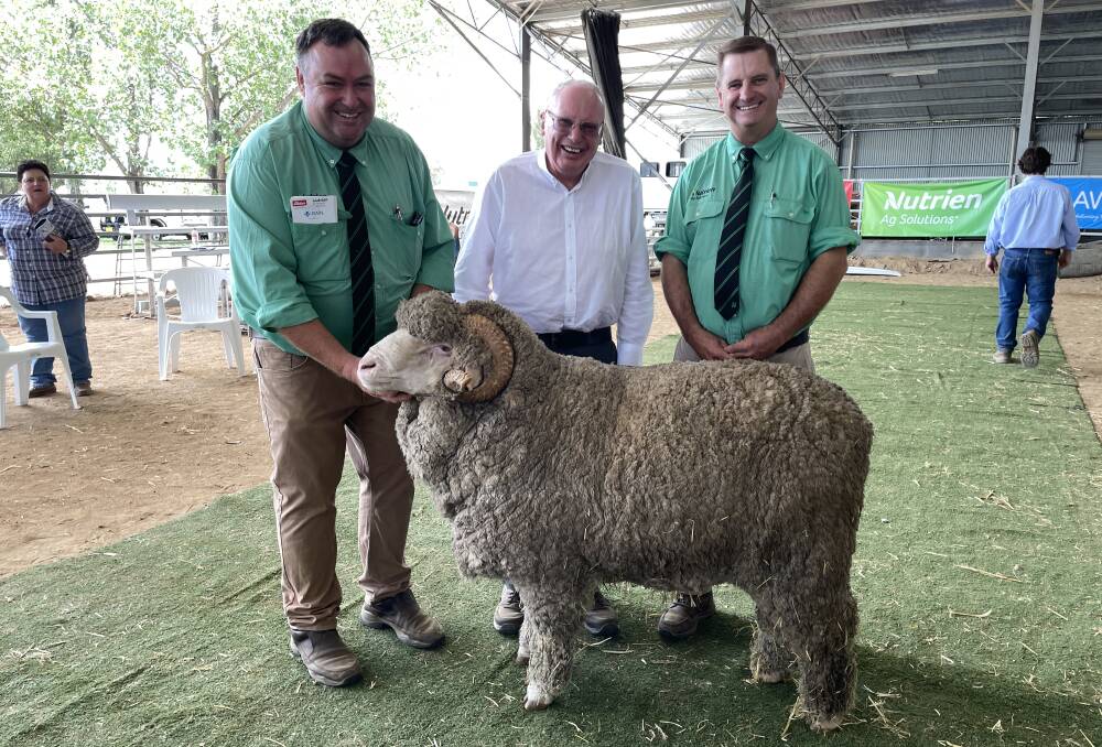 Nutrien Ag Solution's Brad Wilson, Max Rayner, Grathlyn stud, and Rick Power Nutrien Ag Solutions, who was one of the auctioneers.