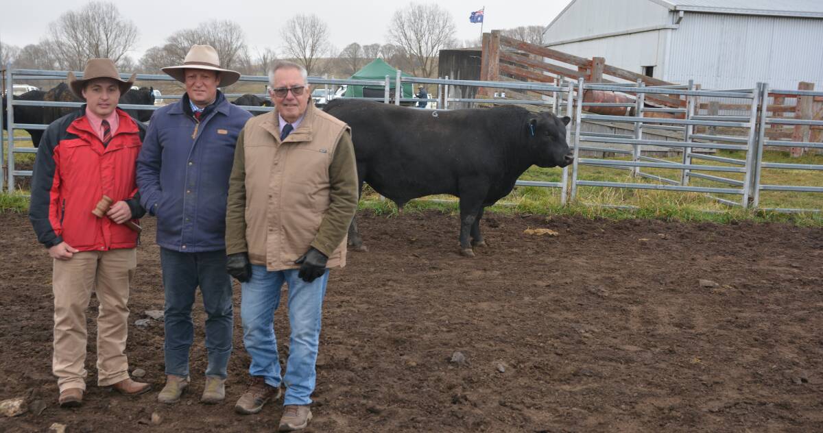 Elders Inverell auctioneer, Lincoln McKinley, Richard Post, Glenavon Angus, Guyra and Kevin Graham, Kevin Graham Consulting Pty Ltd, Brisbane, with the $30,000 top-priced bull at Glenavon.