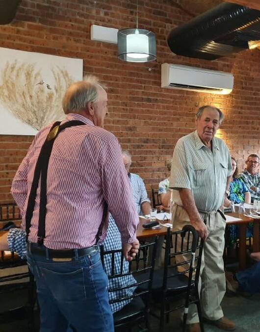 Neville Farrawell (right) was presented with his life membership to the Northern Group by Bruce Gunning, Emu Holes Herefords Quirindi (left). Photo: supplied