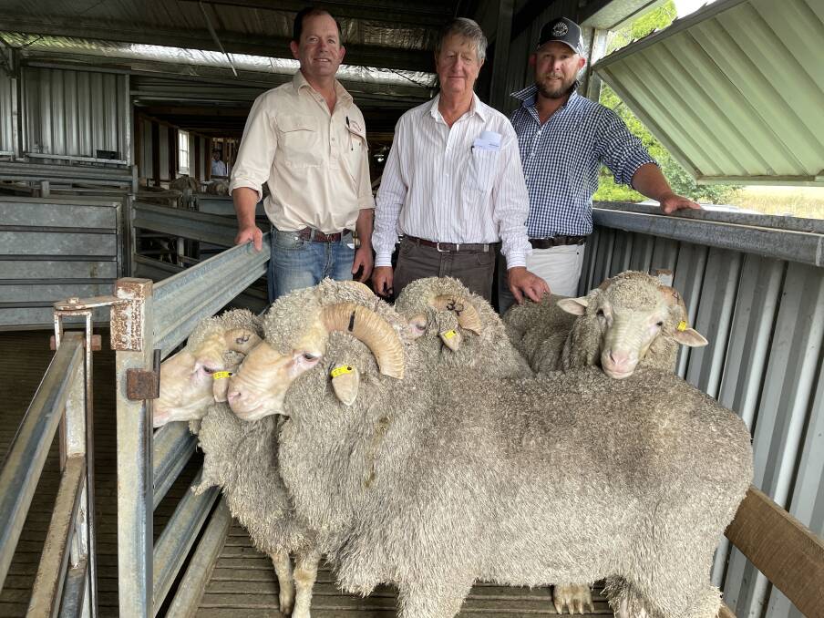 Lachlan Fulloon, Cressbrook Merinos, Armidale, with Roy Robertson, a client for more than 60 years, and his manager, Matt Czapraki, Kilcoy, Wollomombi. Picture by Simon Chamberlain