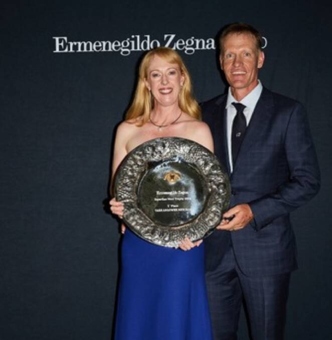 David and Angie Waters, Tarrangower, Hillgrove, near Armidale, with their sixth Zegna trophy, presented to them in Sydney on the weekend. Picture supplied 