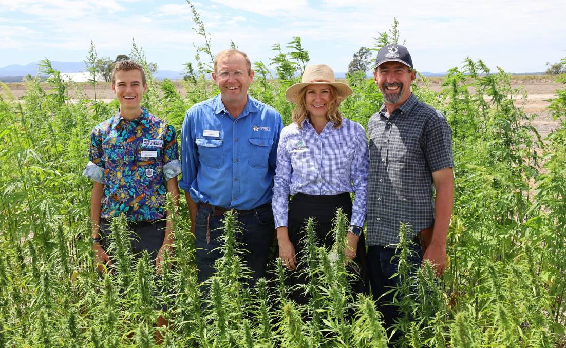 Research assistant Ed Chaplin and Associate Professor Guy Roth, director of Northern Region Agriculture at The University of Sydney, Narrabri, with AgriFutures Australias Dr Olivia Reynold and South Australian Research and Development Institutes Mark Skewes. Picture supplied