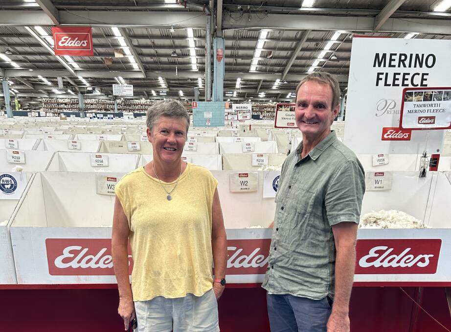 Simone and David Sweeney, Scrubby Gully, Walcha, with their 12,9-micron wool that made 12,600 cents a kilogram at the Sydney wool sale on Wednesday. Picture supplied by Elders Walcha