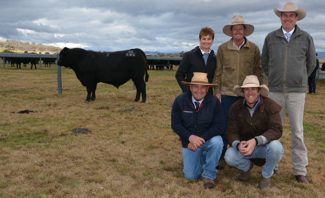 Back: Nat and Chris Paterson, Heart Angus, guest auctioneer Paul Dooley with Davidson Cameron & Co general manager Luke Scicluna and buyer Andrew Deans, Baradine.