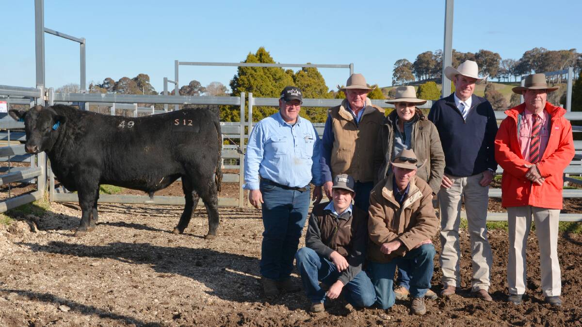 With the $34,000 top-priced bull is Bald Blair principal, Sam White with Joe and Helen Wagner, Boorook Station, Tenterfield, auctioneer Paul Dooley and Elders Stud Stock, Brian Kennedy with (kneeling) Joe Wagner junior and Boorook station manager, Toby Knox.