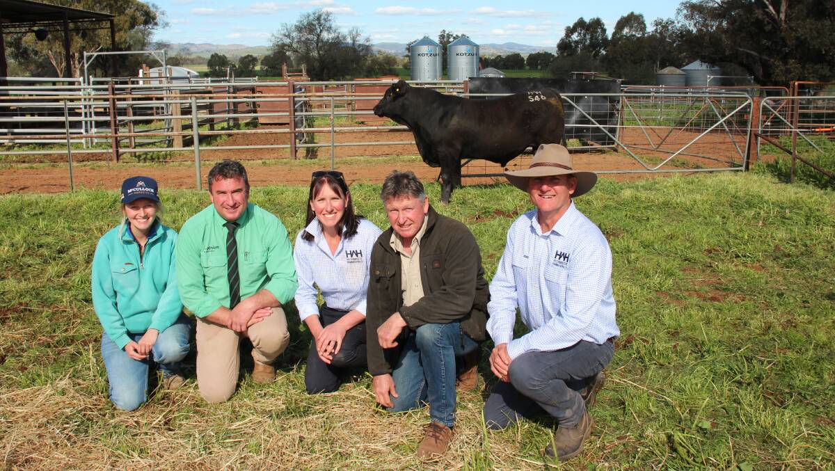 Buyer Darcey Heffernan, Tim Woodham, Nutrien Wagga Wagga, Nicole Hopkins, Greg Heffernan and John Hopkins with the top-priced $26,000 bull at Wormbete Simmentals, Illabo, on Wednesday.