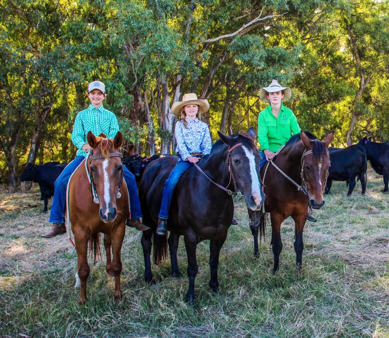 Annabelle, Harriet and George McCrohon, Holbrook, love their country life and are true blue farm kids always outside on the horses or with the cattle. Photo: Alexandra Bernard