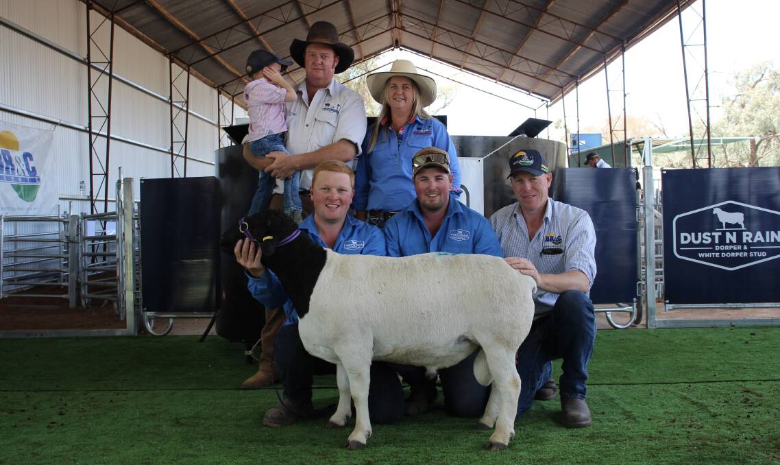 Buyers Dusty, Tom and Bec Palmer, Dust'N Rain's Thomas and Jack Cullinan, and BR&C agent Darren Old with the top-priced Dorper ram sold for $8600. Photo: Alexandra Bernard