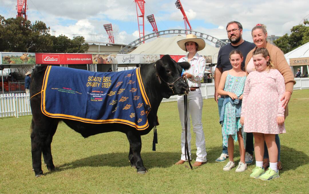 Lily McCosker, PLC Armidale, Ben, Samantha, Summer and Sophie Stasinowsky, Central Coast, with the Schute Bell Badgery Lumby charity steer. Picture by Alexandra Bernard.
