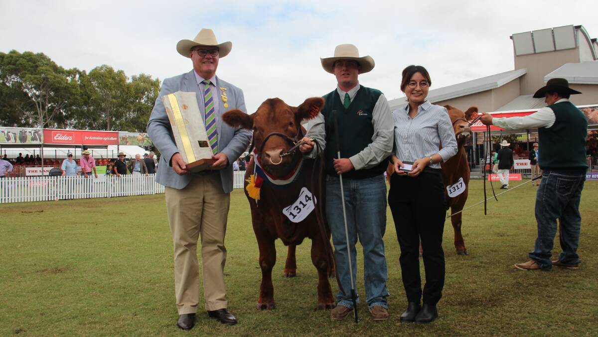 RAS councillor Stuart Davies, Lachlan Mann, and Nahomi Matsuda, Japanese Consulate, with the champion heavyweight steer. Picture by Alexandra Bernard. 