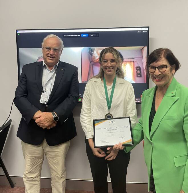Chris Russell, Ag Institute NSW, medal winner Eleanor Riddy-Baker, Sydney, and Dr Helen Scott-Orr, Crawford Fund NSW Coordinator. Picture supplied by Ag Institute Australia. 