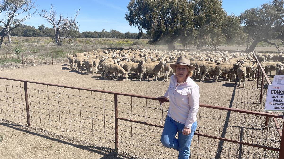 Alison Glenn, Edward Park Pastoral, Moulamein, with their pen of 255 May 2022 drop Merino ewes, Ballatherie blood, August shorn, sold for $130. Photo by Alexandra Bernard.
