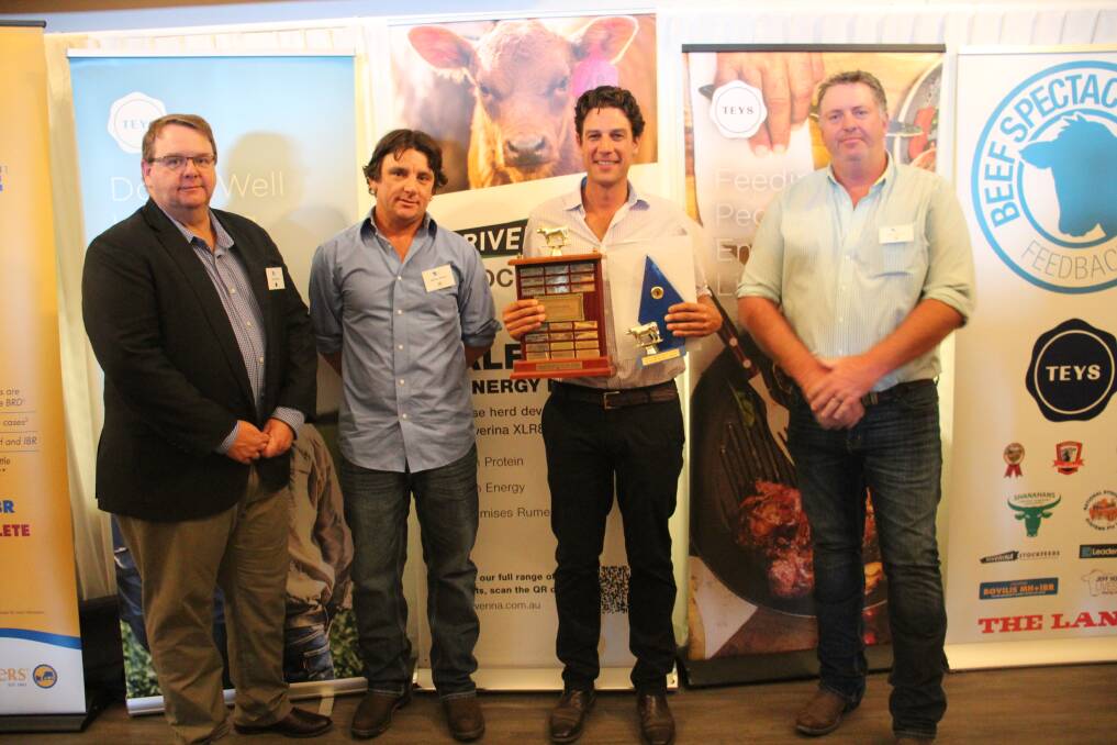 Sponsors Grant Garey, Teys,Nathan Ellicot, National Stockyard Systems, winner James Knight, The Sisters Pastoral, The Sisters, Vic, and Simon Burrell, National Stockyard Systems. Picture by Alexandra Bernard. 