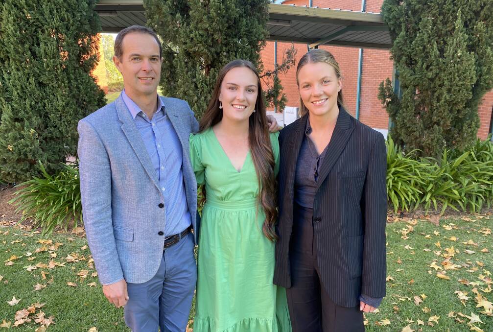 goFARM Executive Director Richard Bligh and goFARM Investor Relations Associate Anna Keenan with AGcessibility Scholarship recipient Emily Jade Greer (centre). Picture by Charles Sturt University. 