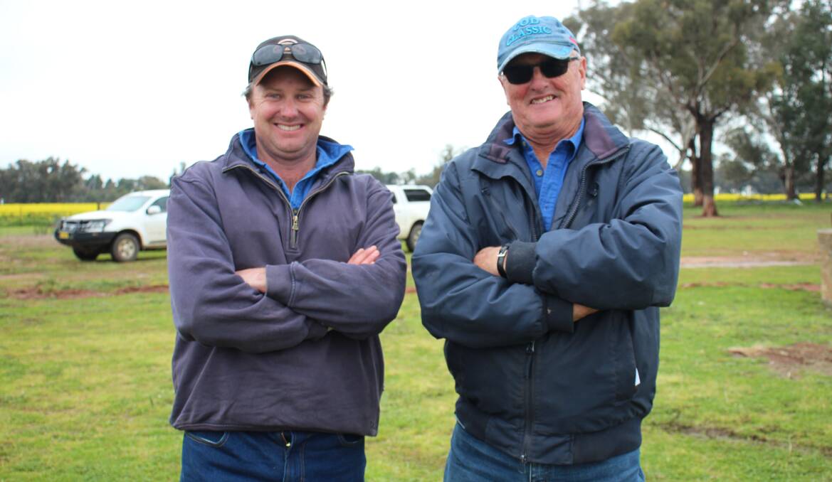 Daniel and Colin Withers from Cawarra Pastoral, Mount Gwynne, bought the top-priced ram at Kardinia Dohne stud sale, Corowa, for $3600. Photo: Alexandra Bernard