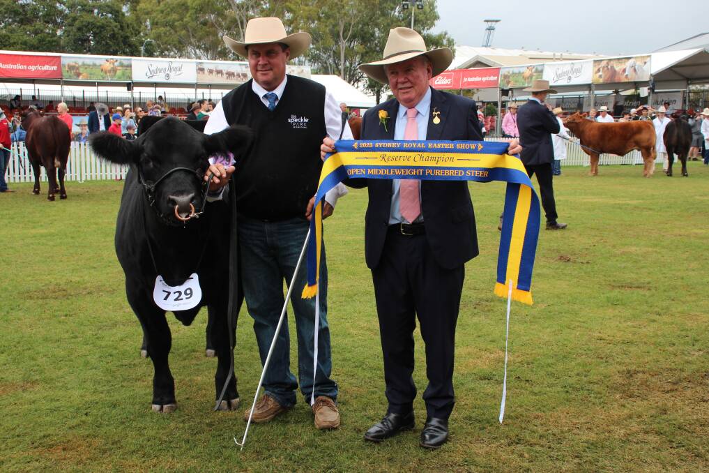 Owner and breeder Matt Sowden, Kingaroy, Queensland, and RAS president Michael Milner with the reserve champion middleweight steer. Photo by Alexandra Bernard