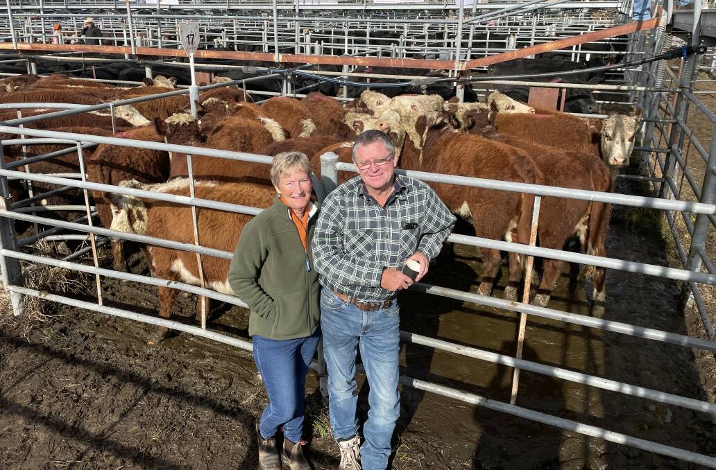 Lyndall Smart and Gary Hindmarsh, Hindmarsh Enterprises, Adelong, sold 33 head all together including seven Hereford heifers, 276kg, for $630 a head. Picture by Alexandra Bernard. 