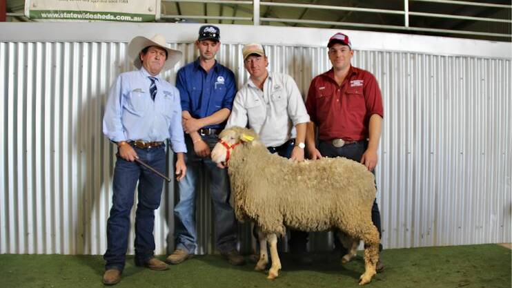 The $6000 equal top-priced ram, Parkdale 210682, with Jason Hartin, Hartin Schute Bell, Narromine, Eslick and George Crouch, Waverley Station, Gundy, and Scott Mudford, Parkdale.