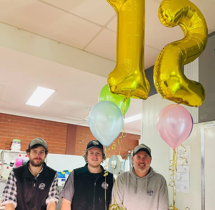 Celebrating 12 years of running the butcher shop at Orbost this week, Brett Morrison (right) with two of his workers, Jess Sanna and Blank Sinclair. Picture supplied 
