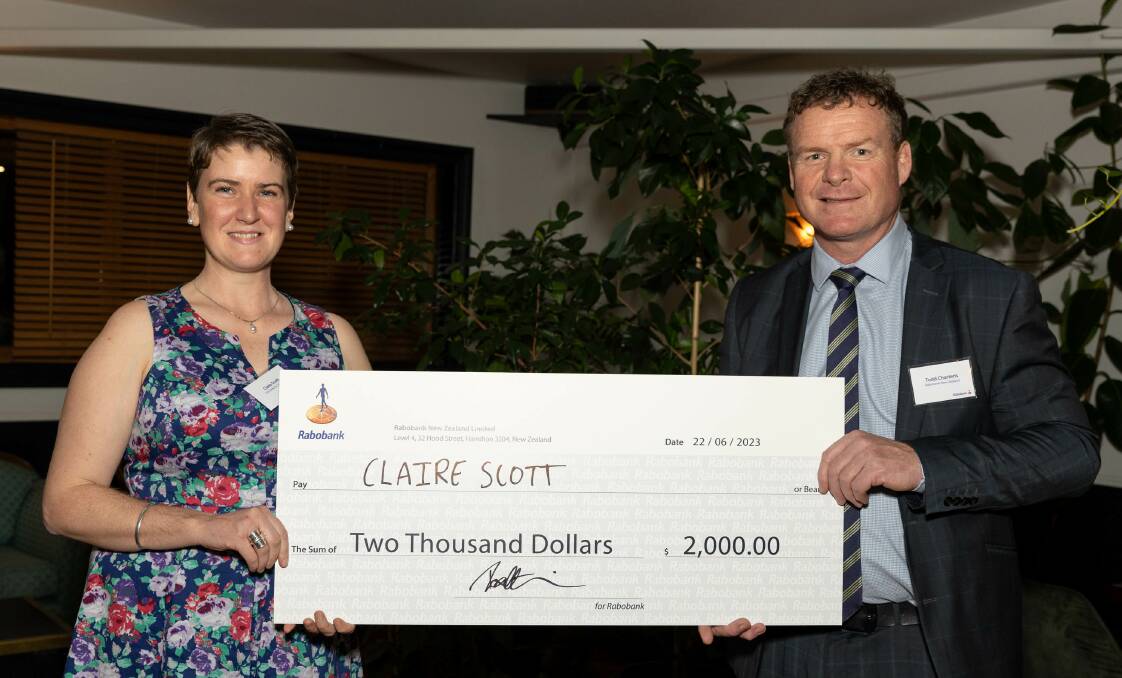  Rabobank business management prize recipient Claire Scott with Rabobank New Zealand CEO, Todd Charteris. Picture: Supplied