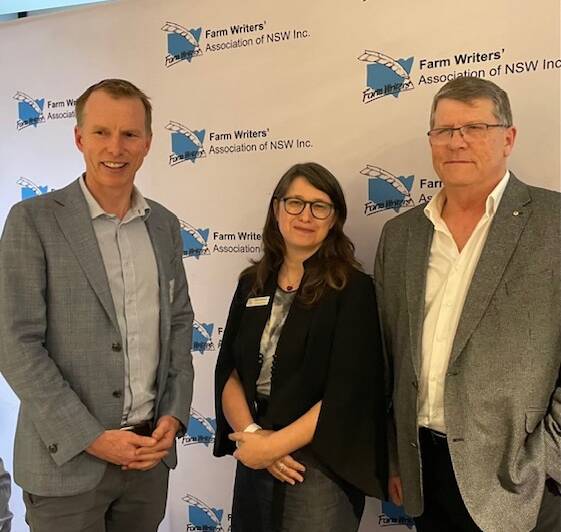 FarmWriters' Association of NSW president George Hardy with Australian Farm Institute general manager, Katie McRobert, and Institute for Integrated Economic research chair John Blackburn. Picture: Libby-Jane Charleston