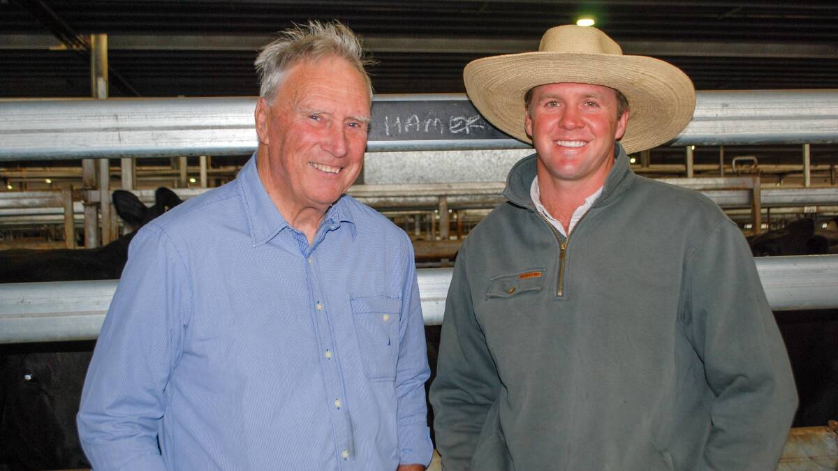 Rob Fuller, Carcoar, and Ben Willis, Masters Stephens, Bathurst, were looking to buy Angus cows. Picture by Rebecca Nadge.
