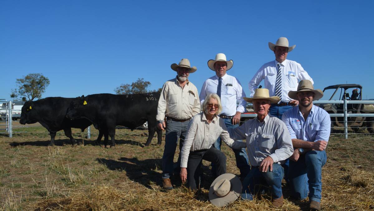 Stud consultant Rob Tindall, Buffer Livestock Marketing Francis Buffier, auctioneer Paul Dooley, vendors Annie and Hugh Kraefft and Virbac advisor Ed Shannon. Picture by Elka Devney