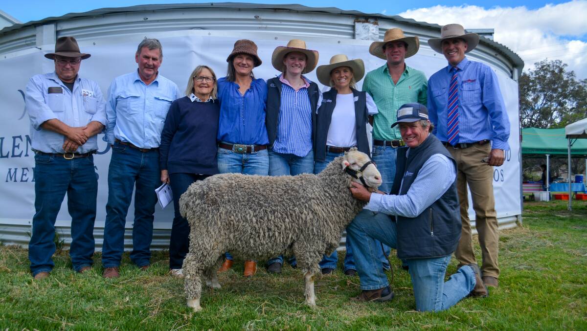 Scott Thrift, AWN, Bill and Diane Hooke, East Loddon, Pip, Daisy, Maggie, William and Norm (kneeling) Smith, Glenwood, Danny Tink, Peter Milling and Co, with the top-priced ram. Picture by Elka Devney