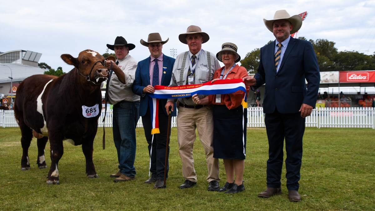 Senior and grand champion bull, Royalla Benefactor T214, with Nicholas Job, Royalla Shorthorns, Judge Jack Laurie, Knowla Livestock, Neilson and Sue Job, Royalla Shorthorns and Matthew Spry, Spry Shorthorns. Picture by Elka Devney