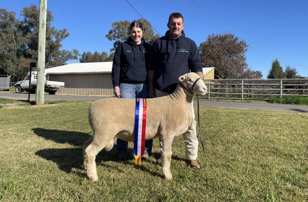 Georja and Andrew Seaman, Andbo Poll Dorsets, Crookwell, with the junior champion ram. 