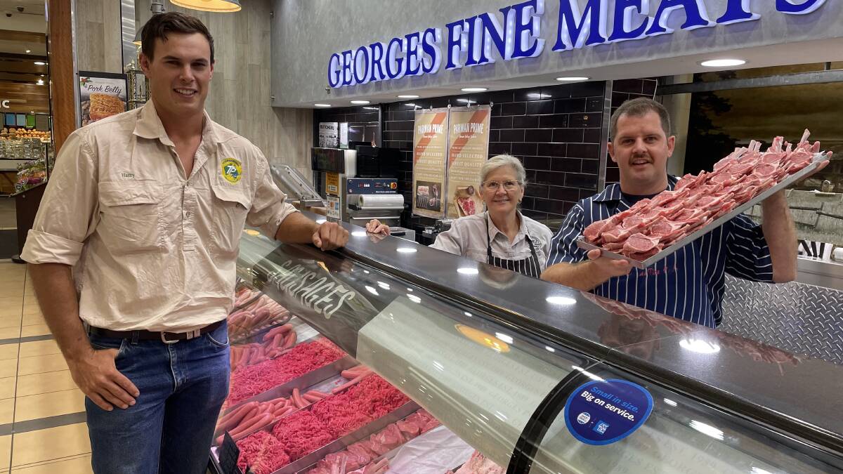 Harry Kemp, Tooraweenah Prime Lamb Marketing Co-Operative board member, Binnaway, with Lenora and Raymond Shipley, George's Fine Meats, Cherrybrook. Picture by Andrew Norris. 