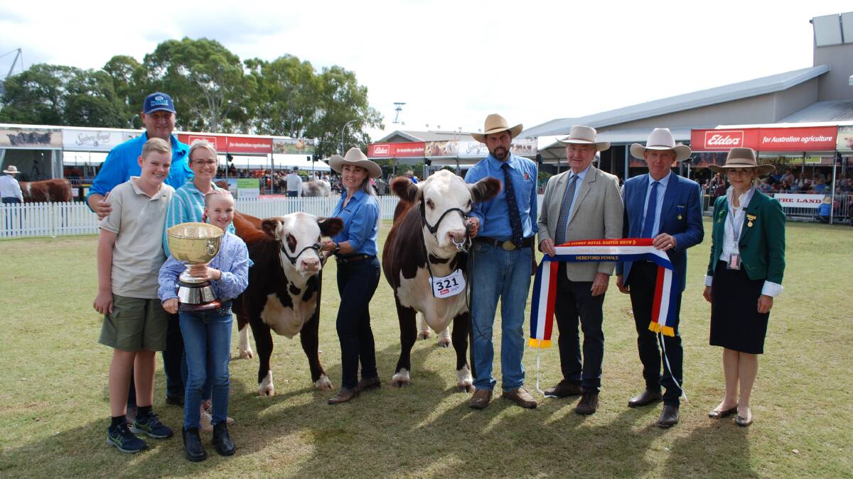 Andrew, Jessica, Alfie, 13, and Lola Quirk, Pinnacle Herefords, Forbes, Claire and Lee White, Llandillo Herefords, The Lagoon, Ian Galloway, Cootharaba Herefords, Roma, Qld, judge David Smith, Ben Lomond, and Ellen Downes, RAS, Canowindra, with the grand champion female. 