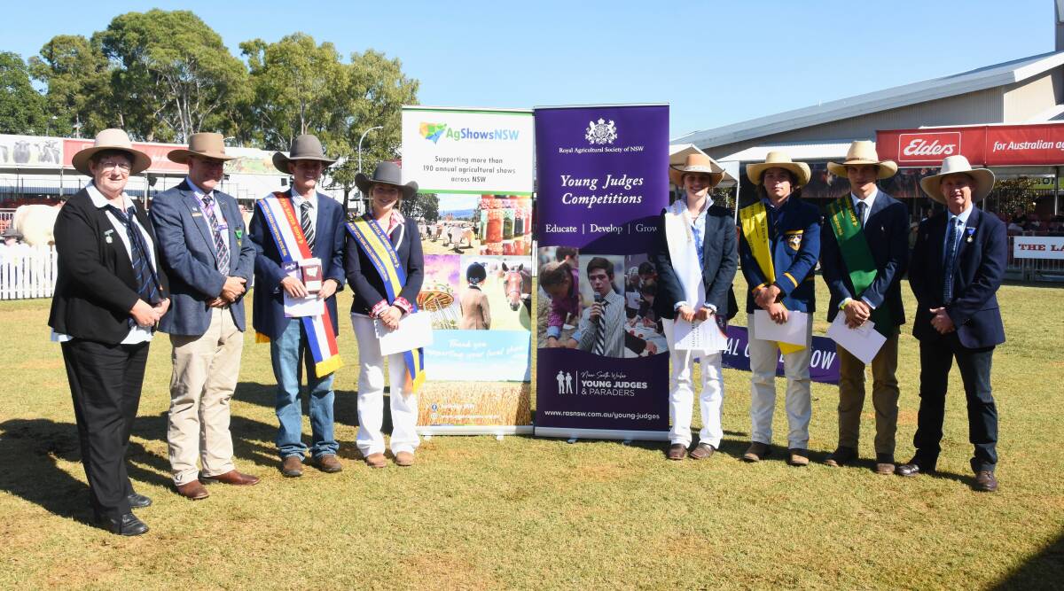 The RAS/ ASC beef cattla young judges competition state final place winners, with AgShows NSW president Jill Chapman, young judges competitions councillor, Alister Rayner, champion junoir judge, Mitchell Taylor, Quipolly, reserve champion junior judge Paige Hatton, Wellington, Abigail Van Erk, Uralla, Oscar Feuerherdt, Culcairn and Jake Taylor, Wagga Wagga and judge David Greenup, Jandowae, Qld. Photo by Helen De Costa. 
