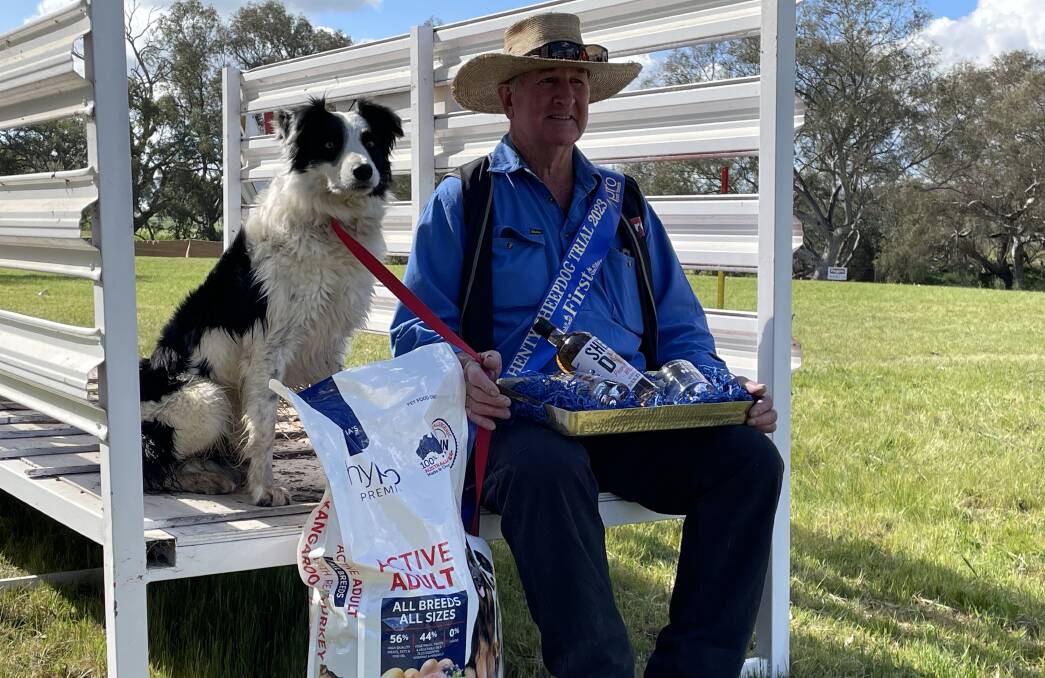 The 2023 Hypro Henty Sheepdog Trial winner, Paul Elliott, Henty, with Elliotts Brisket, who won with a total score of 188 points. Photo by Andrew Norris. 