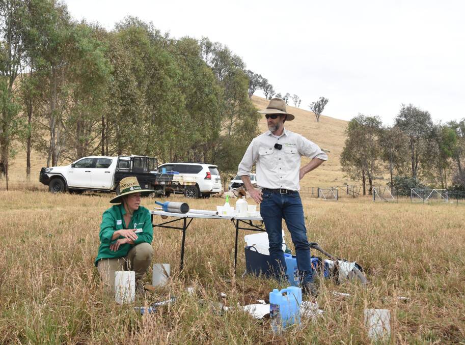 James Diark and Dr Katherine Brown, Soils for Life, Deakin ACT, demonstrating to land holders five simple steps to indicate soil health throughout their properties. Picture by Helen De Costa. 