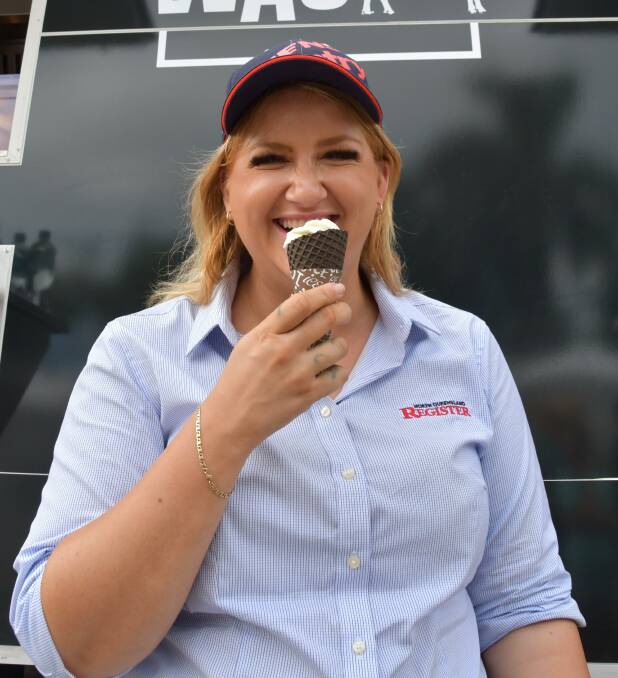 The smile says it all - QCL journalist Steph Allen declares the Wagyu ice cream a winner. Picture: Judith Maizey