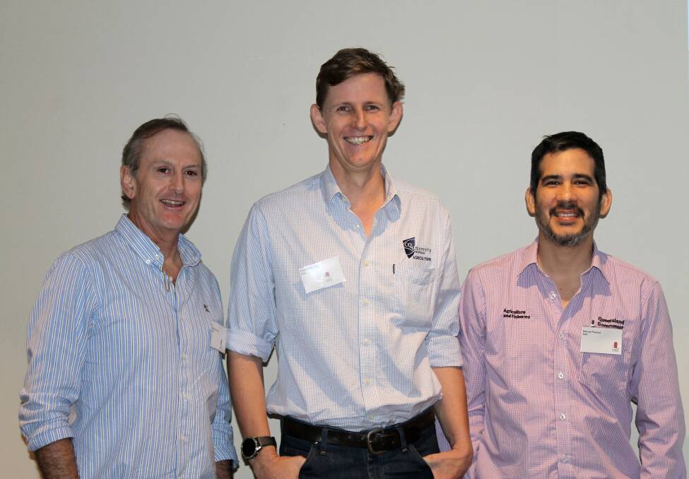 Forum presenters, Timber Queensland CEO Mick Stephens, CQUniversity researcher Dr Thomas Williams and DAAF senior research scientist Dr Nahuel Pachas. Picture: Kelly Mason. 